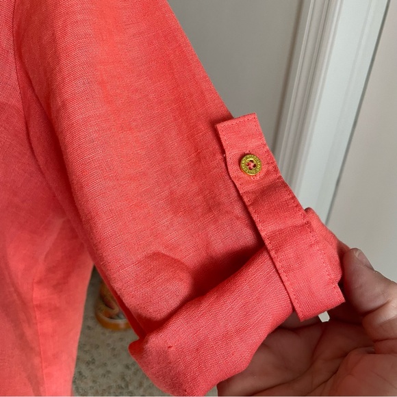 ELLEN TRACY Linen Peach Coral Woven Pullover Shirt! Gold zipper! LARGE Like New. - Picture 5 of 14